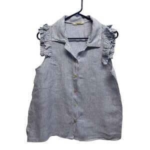 Alessia Pacini Linen Striped Ruffle Sleeveless Blouse Blue White Made in Italy S